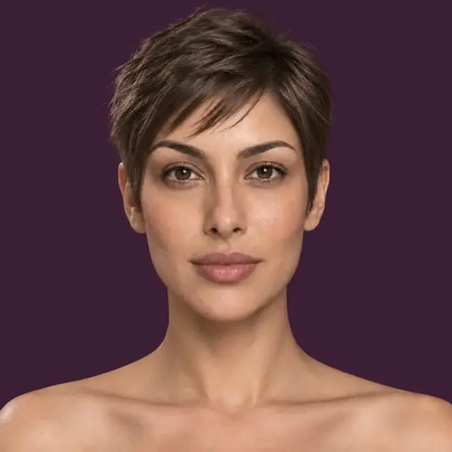The same AI-generated woman with a pixie cut