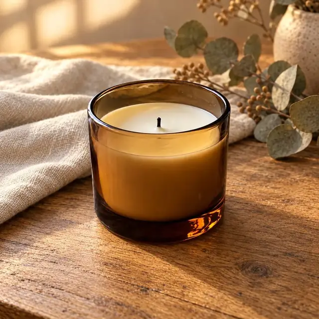 A candle in a styled lifestyle scene
