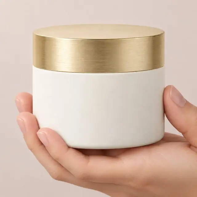 A cosmetics jar held in a hand