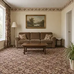 The AI-generated living room before, dated and cluttered