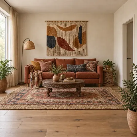 AI-generated living room restyled bohemian